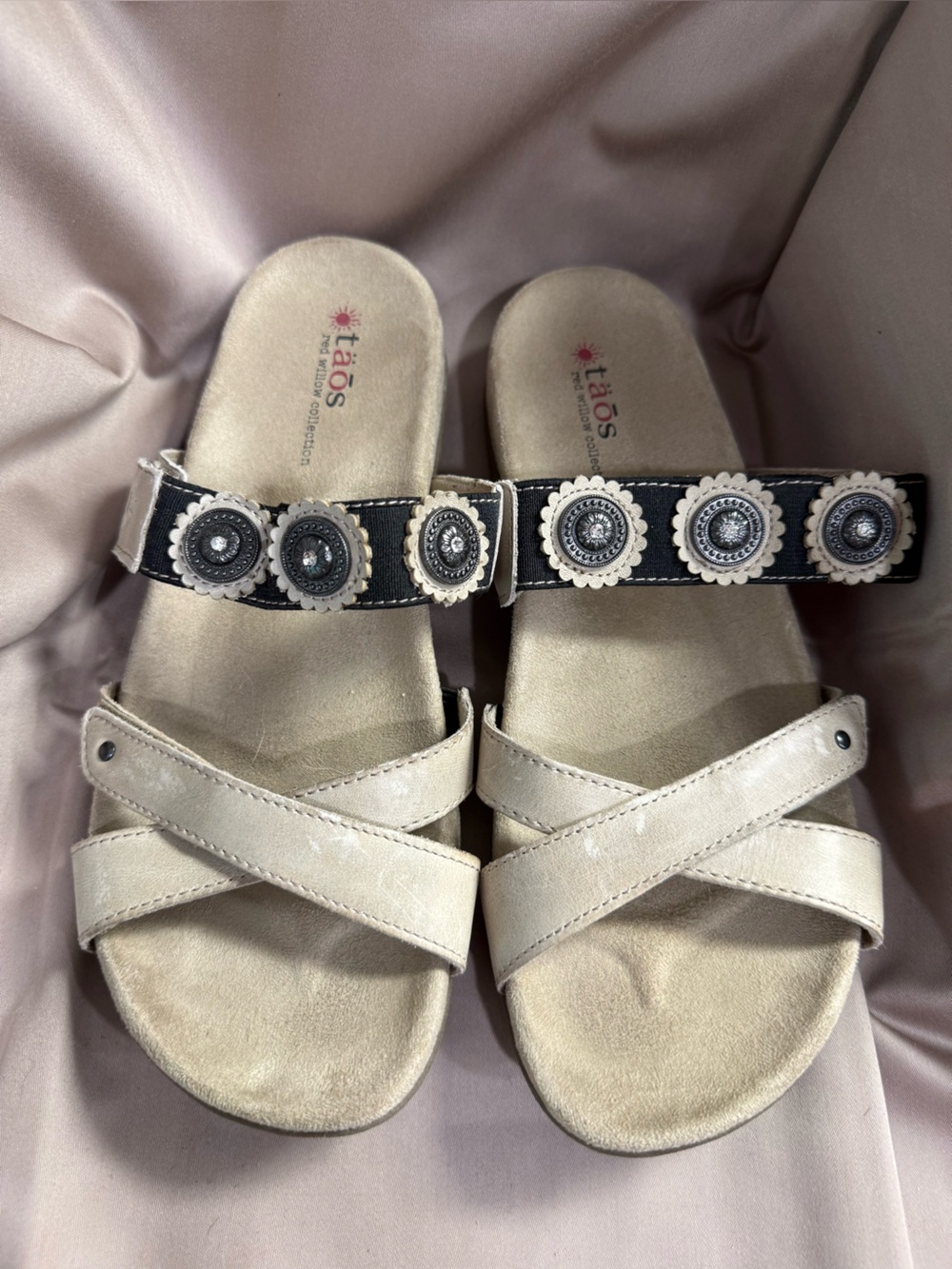 Taos Footwear Beige and Black Decorative Concho Sandals